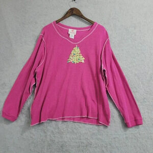 Vtg Quacker Factory Pink Waffle Knit Long sleeve Top Sequin Christmas 2X  5PT